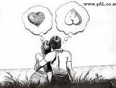 Funny photo illustrating the different ways men and women think about love