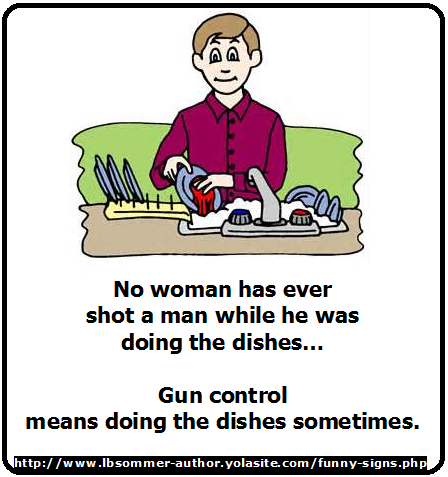 Funny sign about guns - no women has ever shot a man while he was doing th dishes - gun control means doing the dishes sometimes. http://www.lbsommer-author.yolasite.com/gun-signs.php