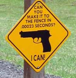 Funny sign depicting a gun: Can you make it to the fence in .00023 seconds? I can. http://www.lbsommer-author.yolasite.com/gun-signs.php