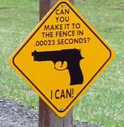 Funny sign depicting a gun: Can you make it to the fence in .00023 seconds? I can. http://www.lbsommer-author.yolasite.com/gun-signs.php