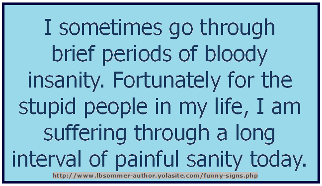 Sign that says I sometimes go through brief periods of bloody insanity. Fortunately for the stupid people in my life, I am suffering through a long interval of painful sanity today.