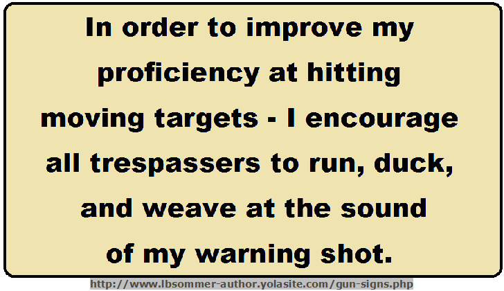 In order to improve my efficiency at hitting moving targets, I encourage all trespassers to run, duck, and weave at the sound of my warning shot. http://www.lbsommer-author.yolasite.com/gun-signs.php